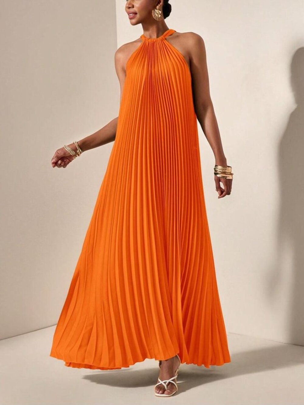 NEW Orange Pleated Halter Maxi Dress Elegant Flowy Vacation Gown